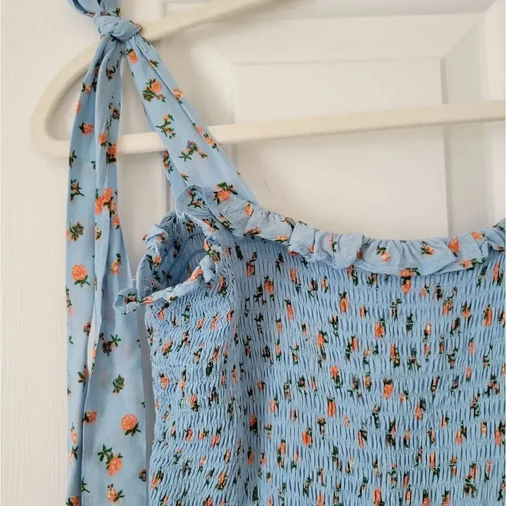 NWOT Free People bella smocked printed slip dress in sky blue